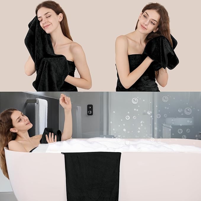 Black Bath Towels Set of 8, Bathroom Towel Quick Dry Textured,2 Oversized Shower Towels Large/2 Hand Towels/4 Washcloths,Ultra Soft Microfiber Absorbent Face Towels Bath Sheets For Bathroom Hotel Spa
