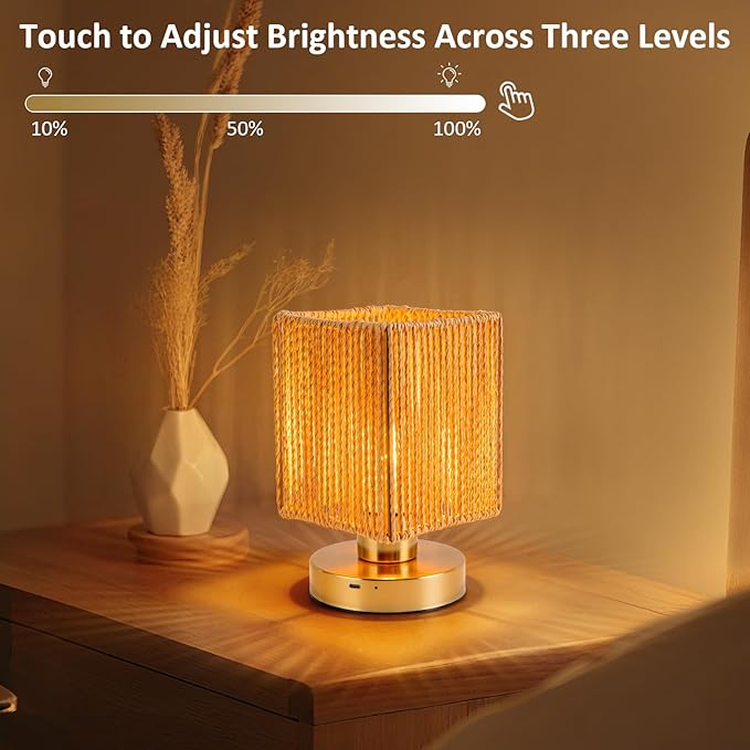 Rattan Table Lamp, 6000mah Battery Operated Table Lamp, Boho Small Desk Lamp, 3 Brightness Dimming for Bedroom Living Room Kids Room Touch Switch, Bulb Included