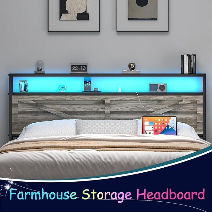 Full Size Bed Frame with LED Lights and Charging Station, Metal Platform Bed Frame Full with Storage and Rustic Barn Door Headboard, Noise Free, No Box Spring Needed, Easy Assembly, Wash Grey