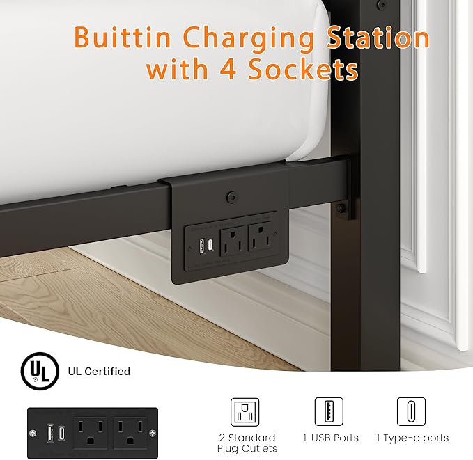 Full Bed Frame with Smart LED Lights, Storage Headboard and USB Charging Station,Heavy Duty Wooden Slats, No Box Spring Needed, Noise Free, Easy Assembly (Modern Black, Twin)