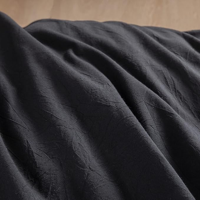 BESTOUCH Duvet Cover Set 100% Washed Cotton Linen Feel Super Soft Comfortable Chic Lightweight 3 PCs Home Bedding Set Solid Deep Black Super King