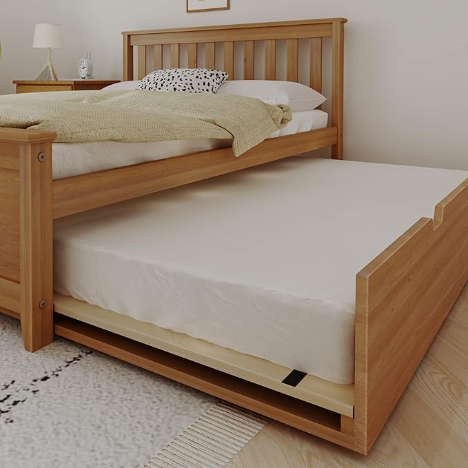Max & Lily Full Bed, Wood Bed Frame with Headboard for Kids with Trundle, Slatted, Pecan