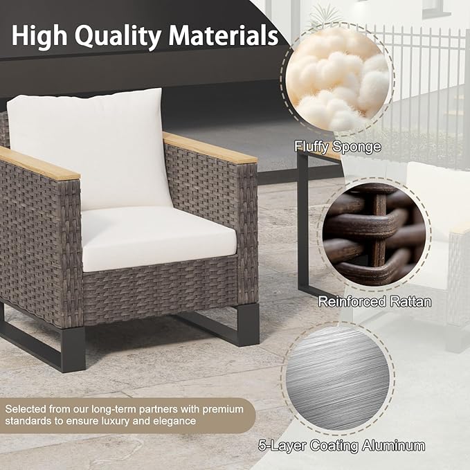 Ypati 2-Piece Handwoven Rattan Patio Modern Style Conversation Set, Aluminum Frame and Wooden-Style Armrest for Porch, Balcony, Garden, 3-seats Sofa with Conversation Table, Black & Light Gray