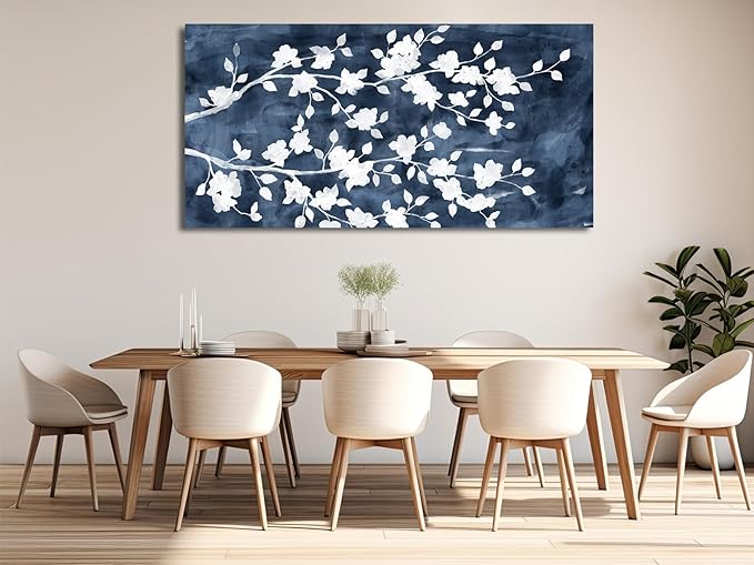 NINEASO Abstract Flowers Canvas Wall Art - Gray White Tree Floral Branches Pictures Wall Decor White Blossom Deep Indigo Blue Background Painting Artwork for Living Room Bedroom Home Decor 29" x 58"