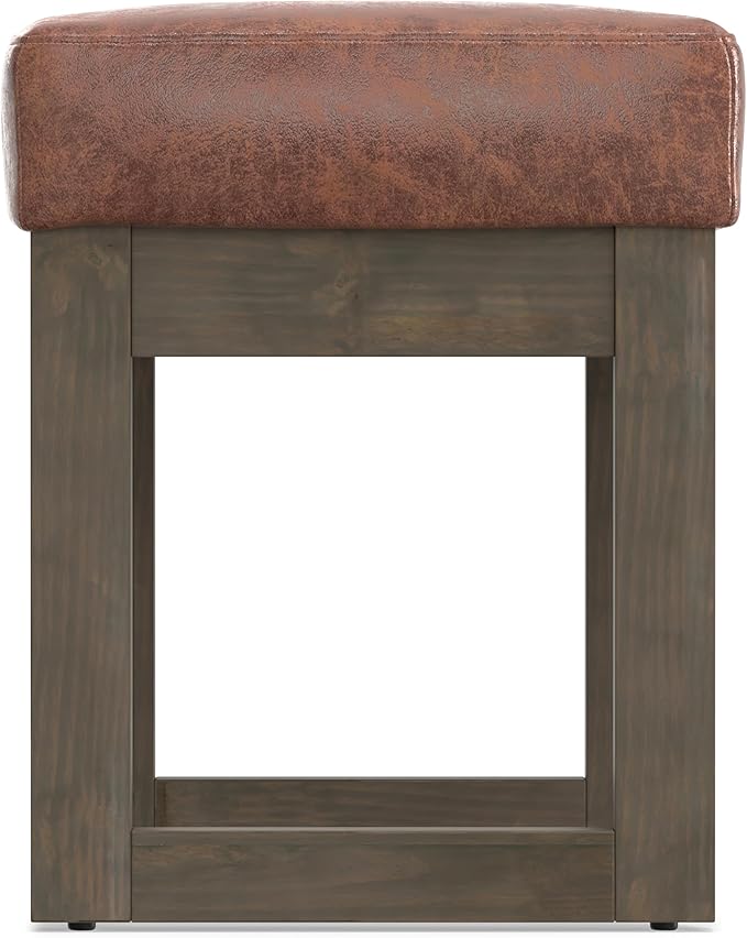 SIMPLIHOME Milltown 27 inch Wide Contemporary Rectangle Footstool Ottoman Bench in Distressed Saddle Brown Vegan Faux Leather, Assembled, for the Living Room and Bedroom
