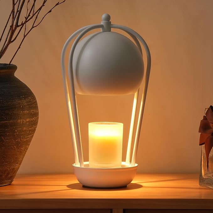 SpaceTime Candle Warmer Lamp With Timer - Farmhouse Electric Wax Warmer for Jar Candles, Dimmable Light, Home Decor, Gifts for Mom (White)