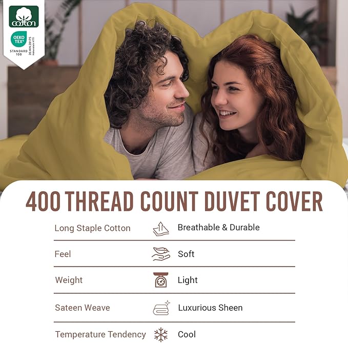 Pizuna Pure 100% Cotton Twin Duvet Cover Set, Luxurious 400 Thread Count Long Staple Cotton Sateen Weave with Button Closure (Combed Mustard Gold Cotton Duvet Cover Twin)