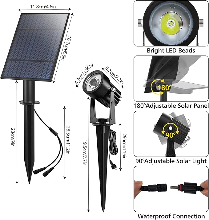 T-SUN 2W Solar Spotlights, LED Solar Powered Landscape Lights Outdoor Waterproof Solar Security Wall Lights Auto ON/Off Dual Head Light for Garden Yard Patio(Cold White)