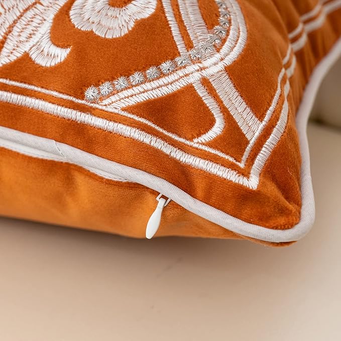 Aeckself European Luxury Velvet Lumbar Throw Pillow Cover 12 x 20 Inch, Embroidery Floral Pillow Cover Home Decor Oblong Pillowcase for Couch Bedroom Living Room, Burnt Orange and White