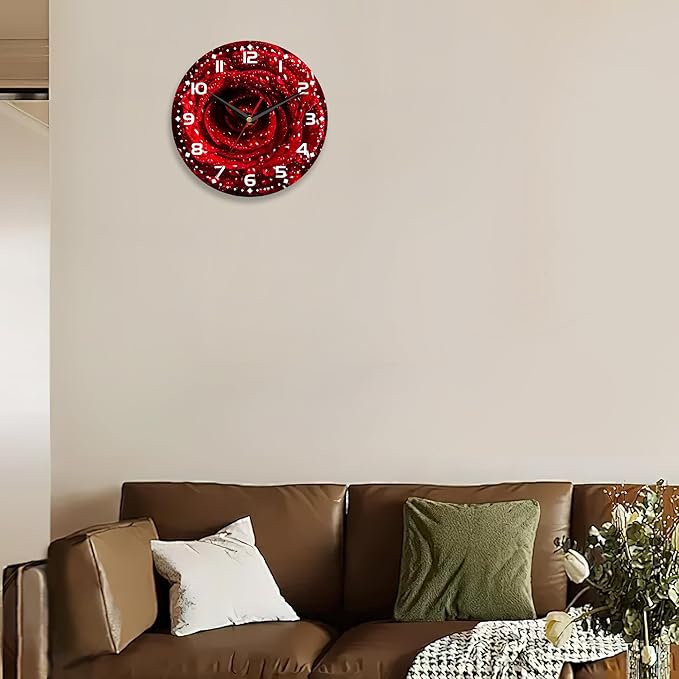 Wall Clock,Red Rose Wooden Wall Clocks Art Silent Non-Ticking Wall Clocks Battery Operated Round Home Arabic Numeral Decorative Wall Clock 10 Inch