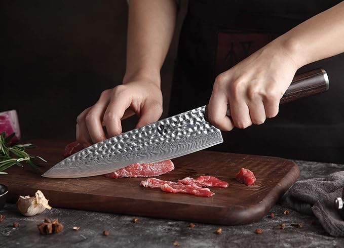 XINZUO 8 Inch Hammered Damascus Chef Knife,67 Layers Damascus Steel Kitchen Knife,Professional Japenese Chef Knife with Gift Box, Dark Brown Pakkawood Handle, Razor Sharp-He Series
