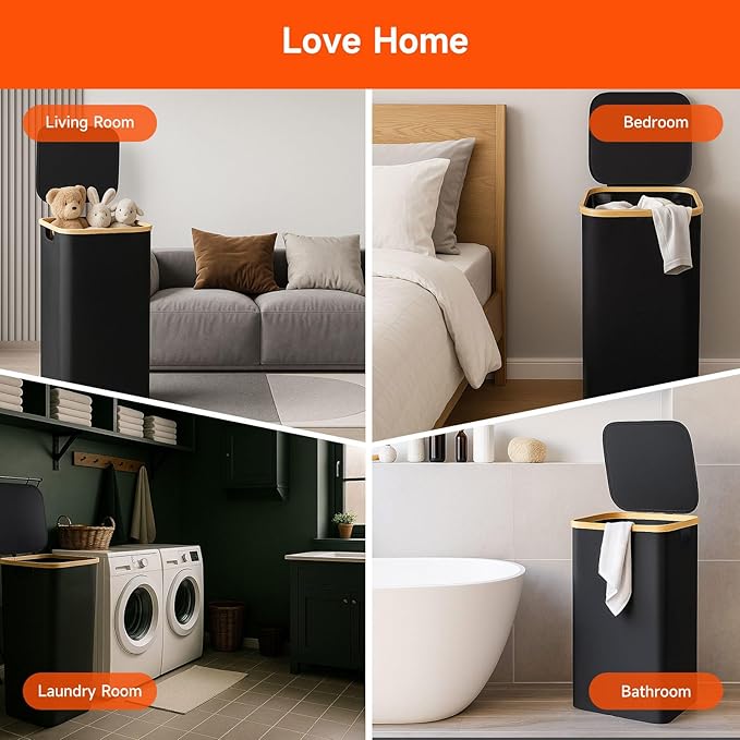 26 Gall/100L Foldable Laundry Hamper with Lid & Collapsible Basket - Clothes Hampers for Laundry with Bamboo Handles and A Removable Bag, Portable Clothes Organizer for Home, Dorm, Travel, Black