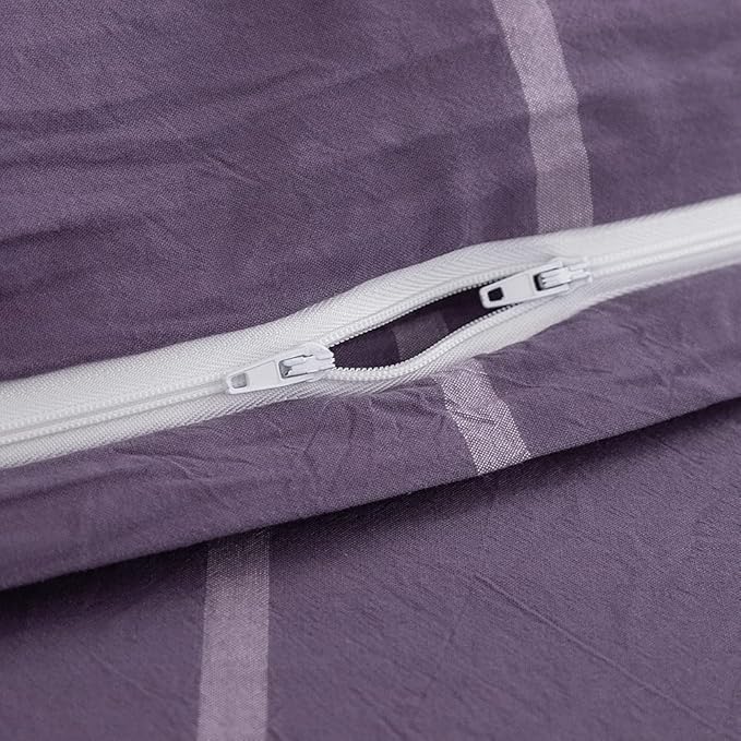 FACE TWO FACE Bedding Duvet Cover Set100% Washed Cotton Duvet Cover Linen Like Textured Breathable Durable Soft Comfy (Queen, Purple Grid)