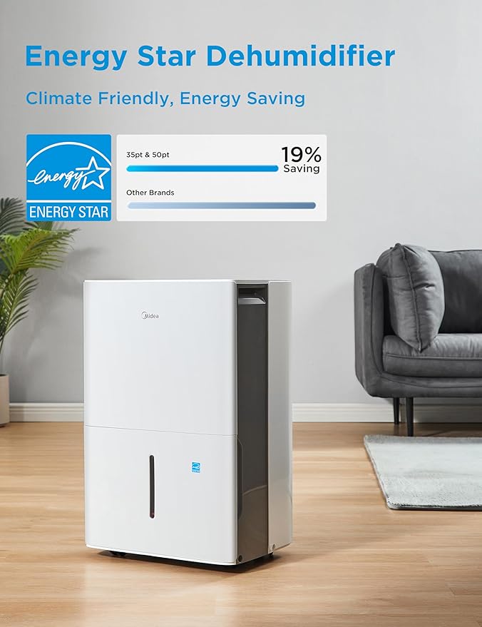 Midea 4,500 Sq. Ft.Dehumidifier for Basement, Energy Star Certified, With Reusable Air Filter 50 Pint - Ideal For Basements, Large & Medium Sized Rooms, And Bathrooms (White)