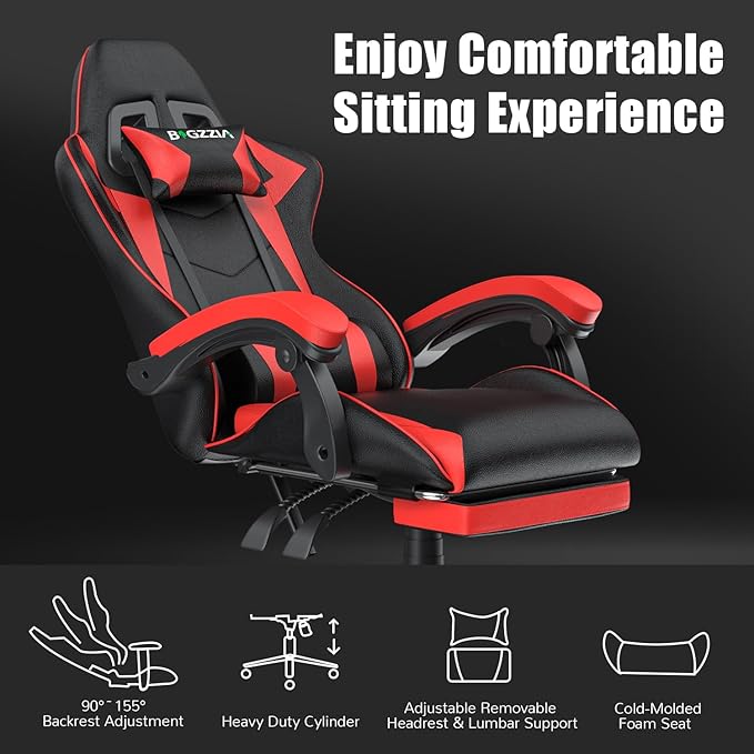 Gaming Chair with Footrest, High Back Ergonomic Computer Gamer Chair with Headrest and Lumbar Support, Racing Style Reclining Game Chair for Adults, Kids (Red-Black)