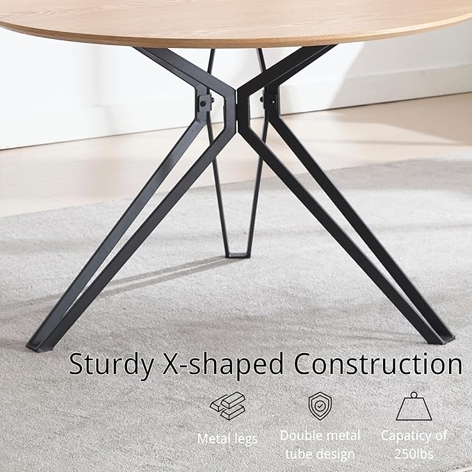DUOMAY 47'' Round Dining Table for 4-6 Person, Mid-Century Modern Solid Wood Dining Room Table, Dinner Table with Intersecting Pedestal Metal Base for Kitchen, Office, Living Room, Natural
