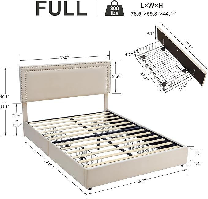 VECELO Full Size Upholstered Platform Bed Frame with 4 Storage Drawers, Adjustable Velvet Rivets Headboard, Wooden Slats Support, No Box Spring Needed, Easy Assembly
