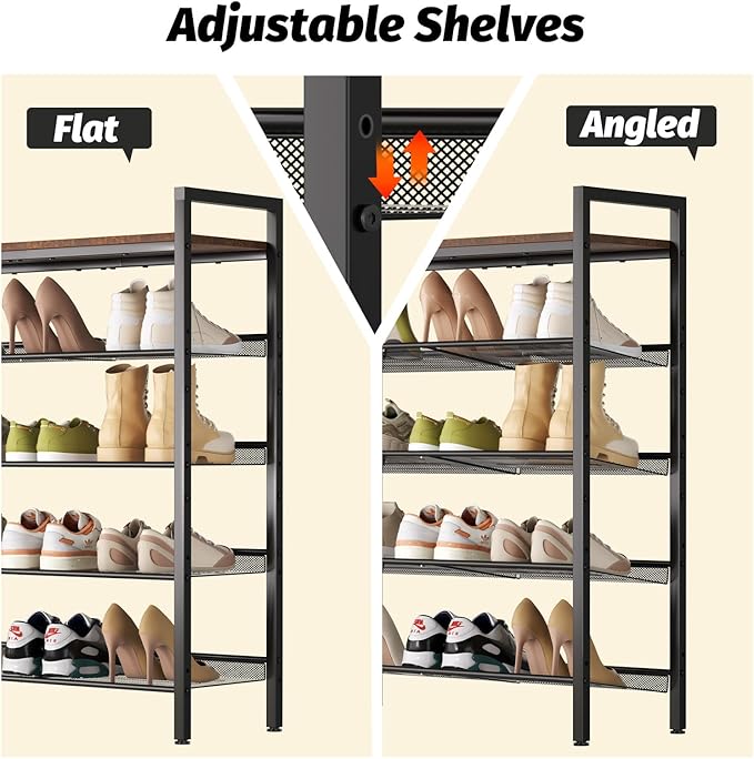 Shoe Rack for Front Door Entrance, 5 Tier Shoe Rack for Entryway, 16-20 Pairs of Shoes, Metal Shoe Rack Organizer, Free Standing Shoe Rack for Closet (Black+Rustic Brown)