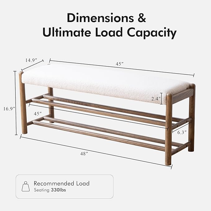 Solid Wood Entryway Bench with Shoe Storage, Rustic Oak Wood and Sherpa Fabric 45 Inch Long Seating for Living and Dining Rooms, 3-Tier White