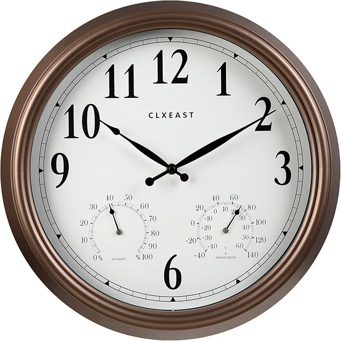 CLXEAST Indoor Outdoor Clocks Waterproof 16 Inch, Large Outdoor Clock Thermometer Combo& Hygrometer,Bronze/Dark Brown Finish,House Warming Gifts New Home