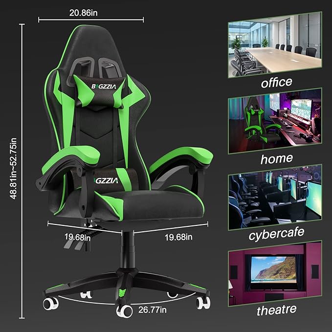 Gaming Chair High Back, Ergonomic Computer Gamer Chair with Headrest and Lumbar Support, Racing Style Reclining Game Chair for Adults, Kids (Green-Black)