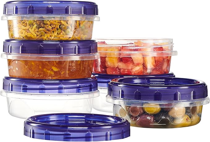 PLASTICPRO 12 Pack Twist Cap Food Storage Containers with Blue Screw on Lid- 8 oz Reusable Meal Prep Containers - Freezer and Microwave Safe Blue Plastic Food Storage