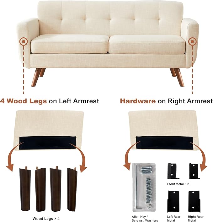 Tbfit 65" W Loveseat Sofa, Mid Century Modern Decor Love Seat Couches for Living Room, Button Tufted Upholstered Small Couch for Bedroom, Solid and Easy to Install Love Seats Furniture, Beige