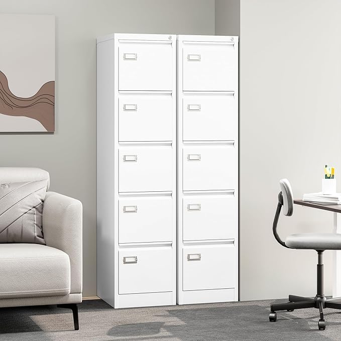 5-Drawer File Cabinet, 16.3" Deep Vertical Metal Filing Cabinet with Lock for Home Office, Anti-Tip 5 Storage Drawers for Letter/Legal/A4/F4 Size (Assemble Required, White)