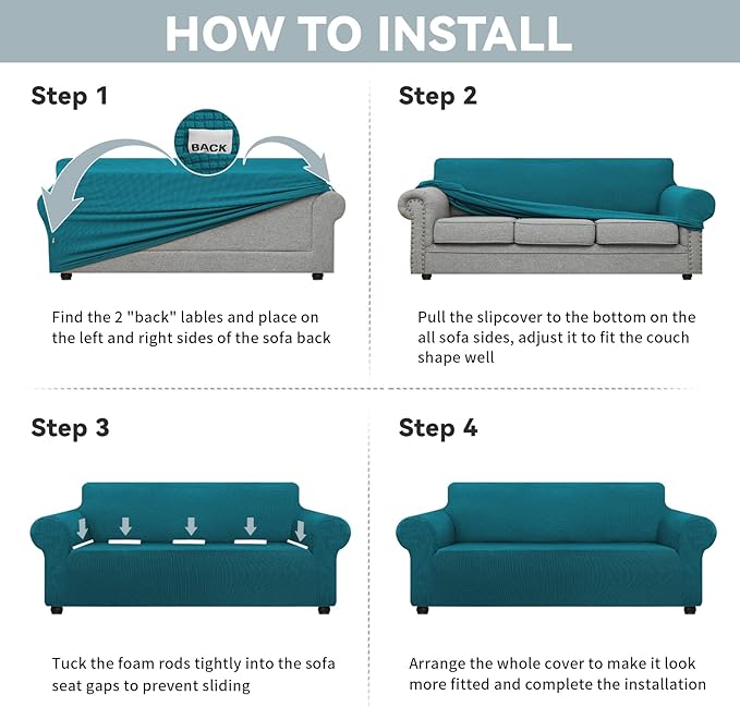 LURKA Stretch Oversized Sofa Slipcovers 1 Piece Couch Covers for 3 Cushion Couch Sofa Furniture Protector Full Sofa Covers with Elastic Bottom for Kids and Pet (X-Large,Peacockblue