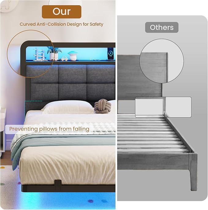 Hasuit Twin Floating Bed Frame with Charging Station and LED Lights, Twin Size Bed Frame with Wood Storage Headboard, Grey Upholstered Platform Bed, No Box Spring Needed, Noise Free