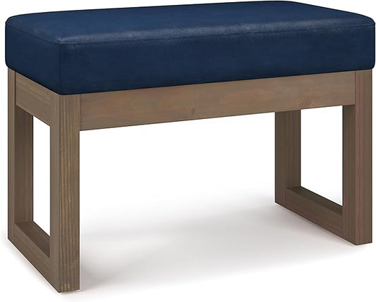SIMPLIHOME Milltown 27 inch Wide Contemporary Rectangle Footstool Ottoman Bench in Distressed Dark Blue Vegan Faux Leather, Assembled, for the Living Room and Bedroom