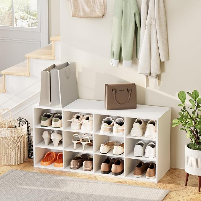 12-Cubby Shoe Rack, 3-Tier Wood Shoe Organizer, Multifunctional Shoe Organizer Bench for Entryway, Mudroom, Hallway, Closet,36.22 * 11.81 * 17.72 Inch,White