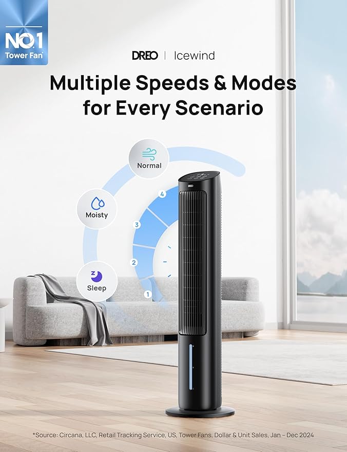 Dreo Evaporative Air Cooler, 40” Standing Fans that Blow Cold Air, 80° Oscillating Bladeless Cooling Fan for Bedroom, Swamp Cooler, Removable Water Tank, Ice Pack, Remote, 3 Mode 4-Speed, Black