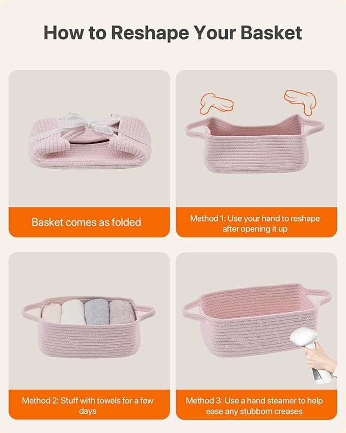 KALLAX Small Woven Basket, 12 x 8 x 4.5 Inches, Small Storage Baskets for Organizing, Gift Baskets Empty, Cute Rope Shelf Closet Storage Bins for Shelves, Dog Toy Basket, 3 Packs, Light Pink