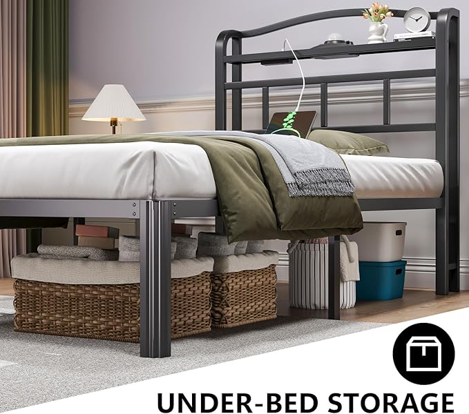 Twin Size Bed Frame - Storage Headboard with Charging Station & Galaxy Aurora Projector, 14 Inch Sturdy Metal Platform Bed Frame No Box Spring Needed, Easy Assembly, No Noise, Black