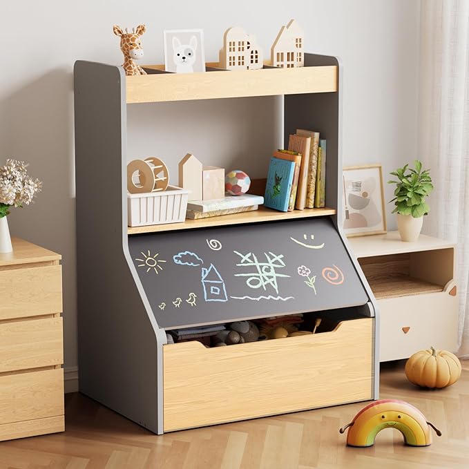 KORIMEFA 37.4" Tall Toy Box & Chalkboard Lid Wood Toddler Bookcase and Kid Toy Storage Bin & Organizer, Gray