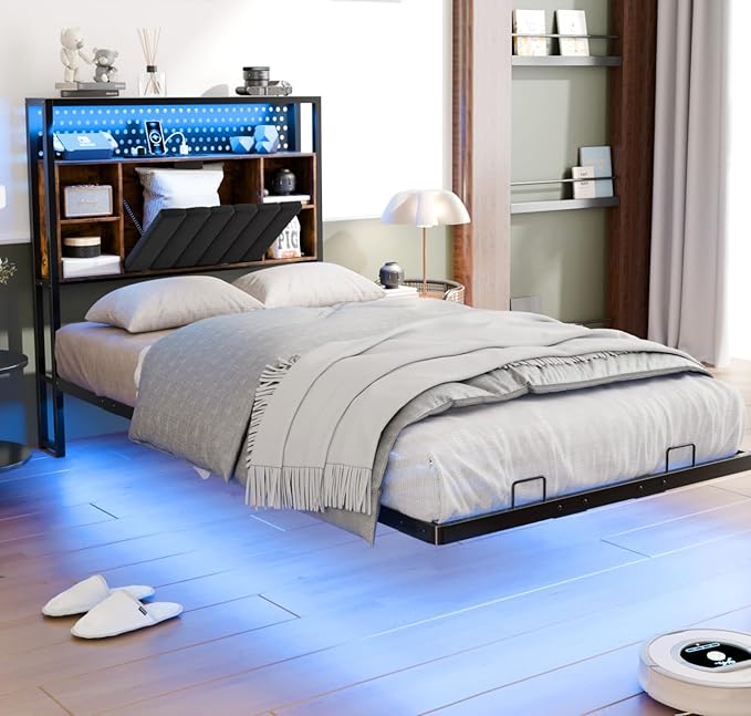VINGLI Floating Bed Frame Twin Bed with Charging Station and LED Lights,Twin Metal Bed Frame,Cozy Hidden Storage Velvet Upholstered Headboard,No Box Spring Needed,Easy Assembly,Black