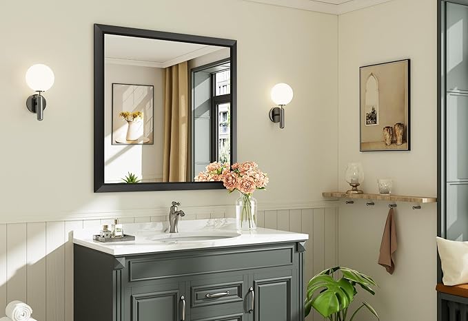 36x36 Inch Black Bathroom Mirror for Wall, Thick Metal Framed Rectangle Mirrors for Over Sink, Bedroom, Living Room, Entryway, Anti-Rust, HD Tempered Glass