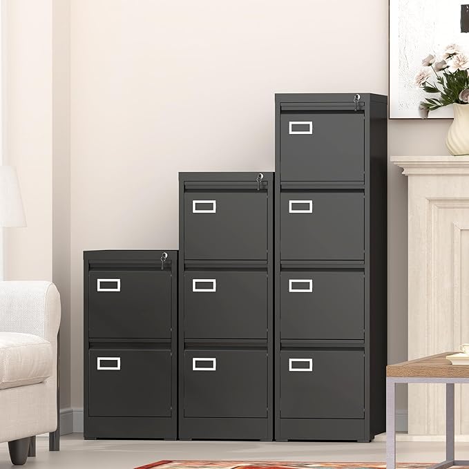 GREATMEET 3 Drawer File Cabinet with Lock, Metal Vertical File Cabinets for Home Office, Black Filing Cabinet for Letter/Legal/A4/F4 Size File,Assembly Require