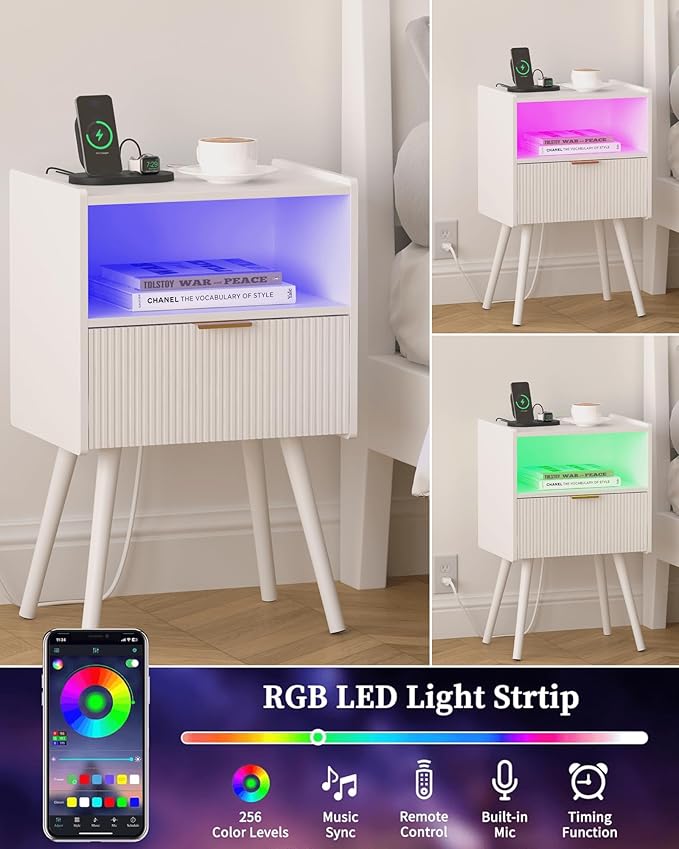 White Nightstand, Modern Bedside Table with Charging Station and LED Lights, Wood Night Stand with Drawer and Opening Storage