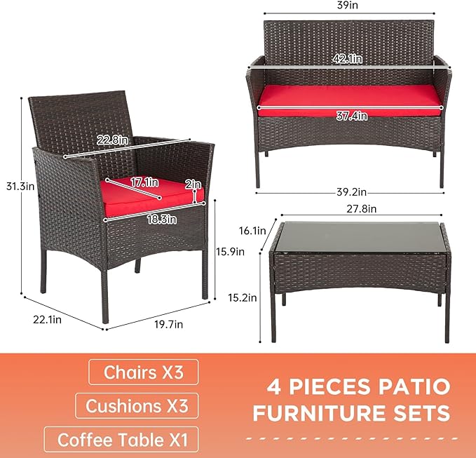 FDW Patio Furniture Set PE Rattan Patio Set Wicker Outdoor Furniture Bistro Set for Outdoor Indoor Use with Loveseats Coffee Table, Red Cushions, 4 Pieces