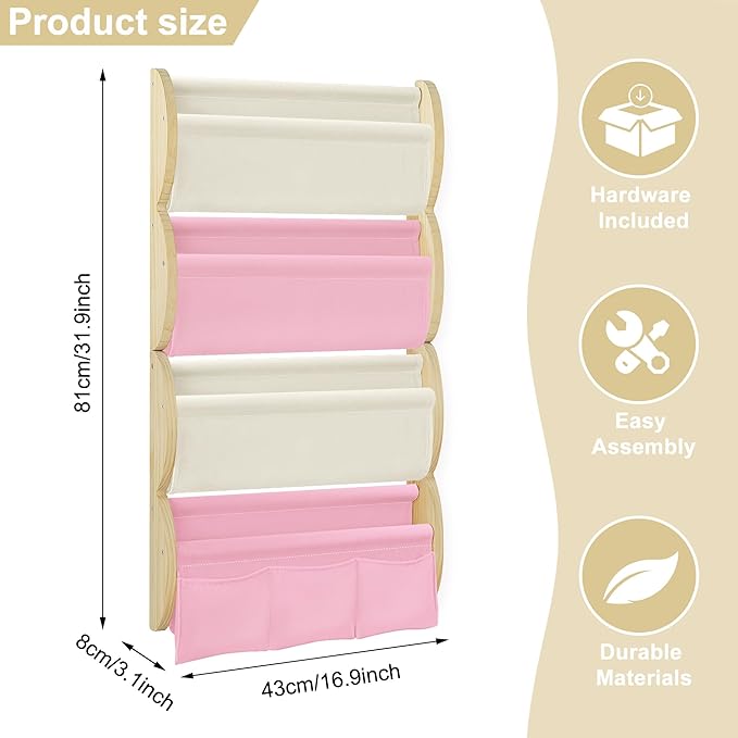 Wooden Wall Mounted Bookshelf for Kids Rooms, 4 Tier Floating Nursery Book Shelf, Kids Bookshelf with 2 Pockets, Toddler Sling Book Rack with Deep Sleeves (Pink)