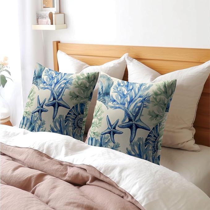 Kawani Beach Theme Pillow Covers 22x22 Inch Coastal Starfish Coral Outdoor Throw Pillows Set of 2 Summer Ocean Nautical Pillowcases Rustic Cushion Covers for Couch Home Decor