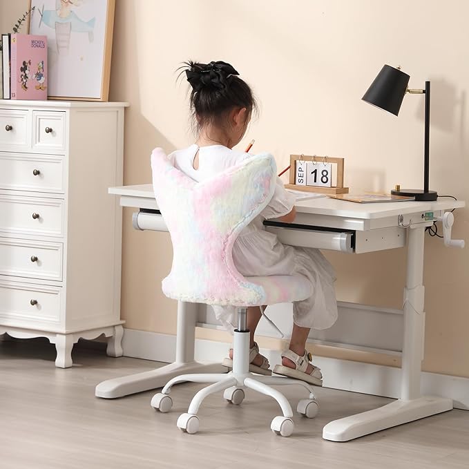 Fuzzy Desk Chair, Cute Swivel Children Desk Chair with Wheels for Kids Bedroom Upholstered Rolling Study Chair Adjustable Computer Chair Mermaid Back Vanity Chair for Teen Girls Boys, Pink Colorful