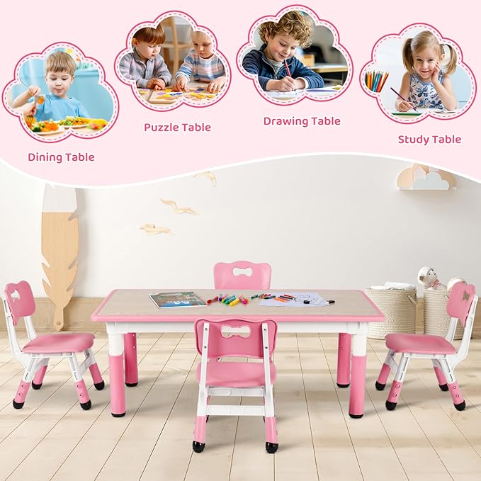 Arlopu Kids Table and 4 Chair Set, Height Adjustable Toddler Table and Chair Set, Non-Slip Legs, Graffiti Desktop, Large Children Activity Table, Reading Daycare Classroom Home (Pink)