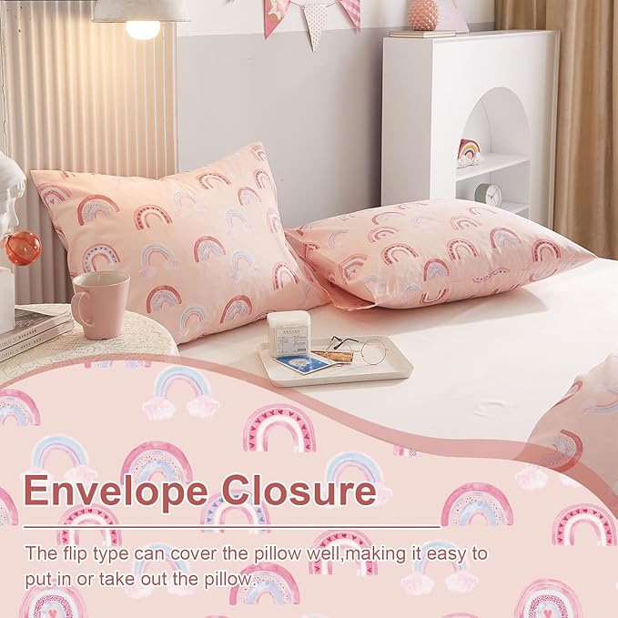 Ivellow Queen Duvet Cover Set 100% Cotton Rainbow Pink Kids Duvet Cover for Girls Cute Kawaii Bedding Set 3 Pcs Ultra Soft Breathable Toddler Teen Duvet Cover Patterned Cartoon Comforter Cover Bed Set