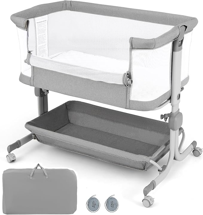 INFANS 3 in 1 Baby Bassinet, Bedside Sleeper with Comfy Mattress, Wheels, 6 Height Adjustable, Storage Basket, Travel Bag, Portable All Mesh Crib for Newborn Infant (Gray)