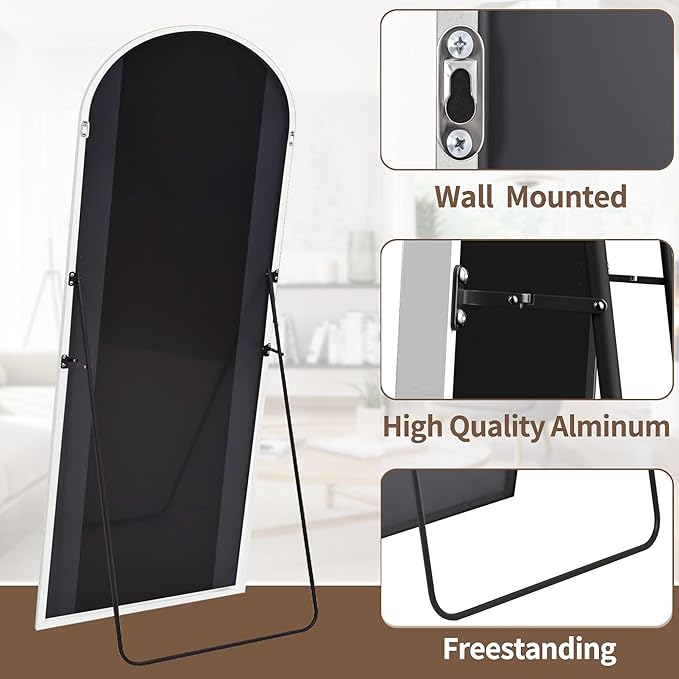 OGCAU Arched Full Length Mirror, 70"x26" Floor Body Mirror with Stand, Wall Mounted Hanging, Standing or Leaning with Aluminum Frame for Bedroom Living Room (White)