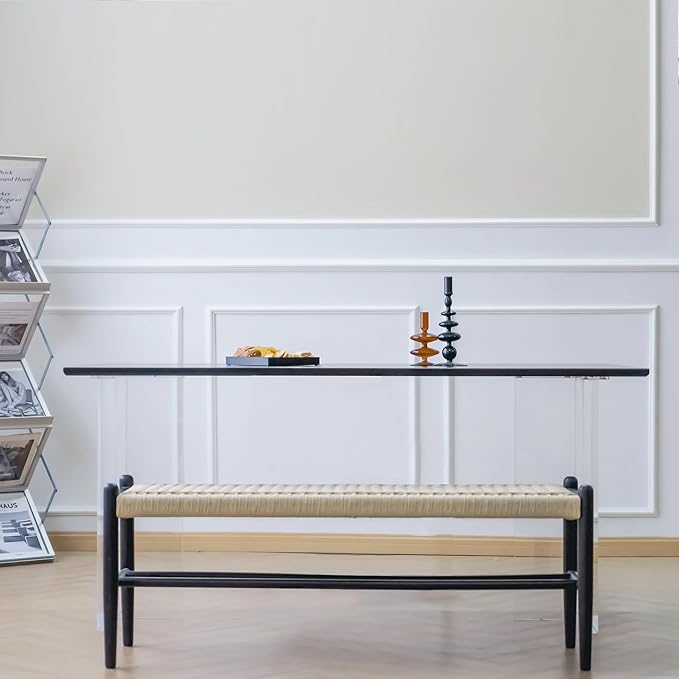 Solid Wood Entryway Bench with Shoe Storage, Rustic Oak Wood and Woven Design 45 Inch Long Seating for Living and Dining Rooms,Black