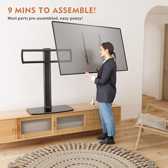 Universal Swivel TV Stand/Base Table Top Stand 40 to 86 inch TVs 110 Degree Swivel, 5 Level Height Adjustable, Heavy Duty Tempered Glass Base, Holds up 132lbs Screens, HT04B-003